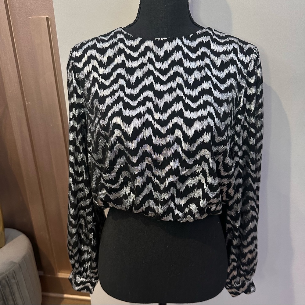 Zara Black and Silver Patterned Women's Top